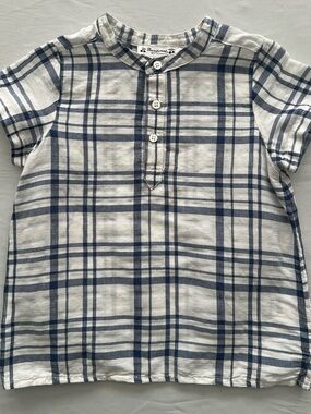 Bonpoint White and Blue Plaid Short Sleeve Button Henley